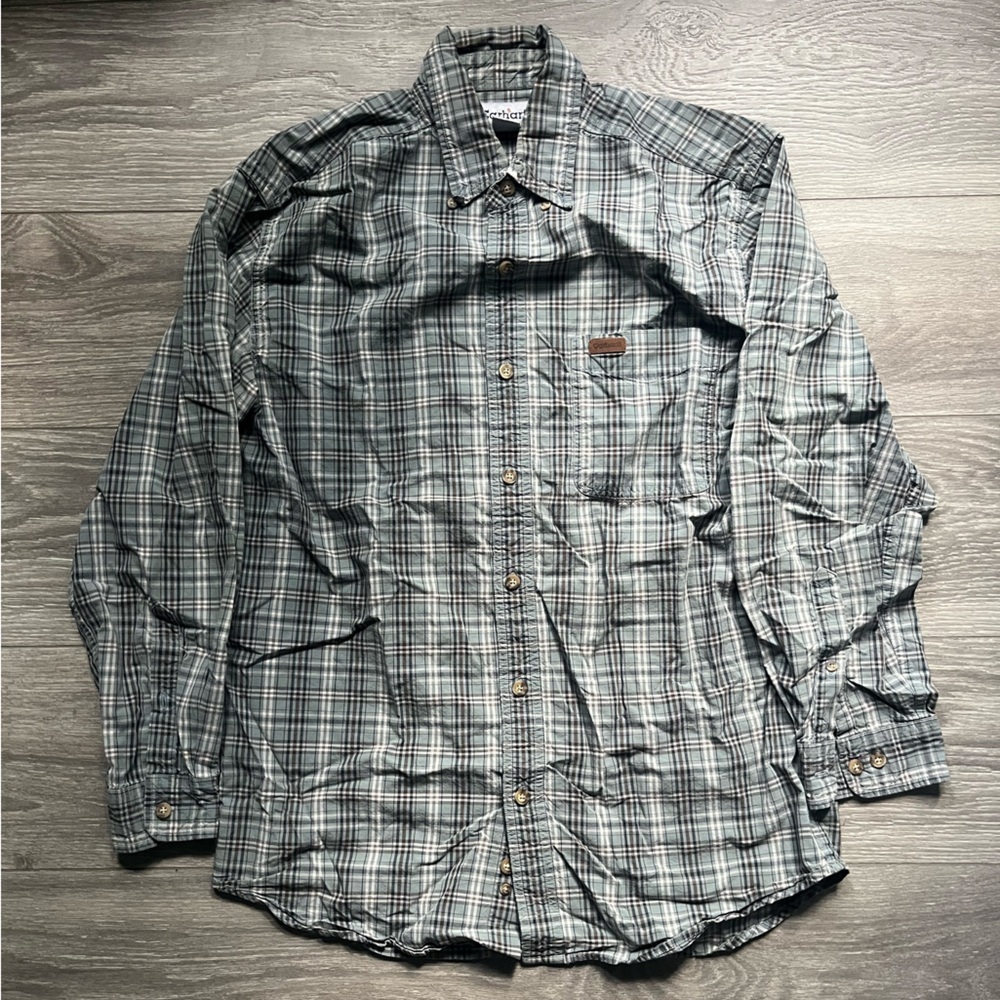Carhartt Blue Green Long Sleeve Plaid Men Button Down Size M Casual 100% Cotton